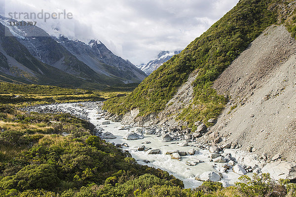 Blick auf das Hooker Valley  Aoraki (Mount Cook) Nationalpark  UNESCO-Weltkulturerbe  Bezirk Mackenzie  Canterbury  Südinsel  Neuseeland  Pazifik