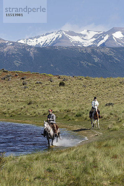 Gaucho auf Pferd galoppiert am See bei Estancia Alta Vista  El Calafate  Parque Nacional Los Glaciares  UNESCO-Weltkulturerbe  Patagonien  Argentinien  Südamerika