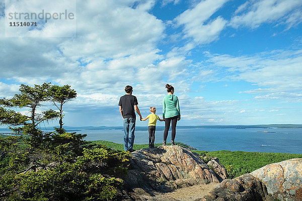 Rückansicht einer Familie  die Händchen hält und auf das Meer blickt  Bar Harbor  Maine