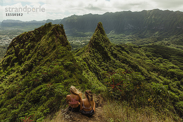 Rückansicht von Freunden auf grasbedecktem Berg  Oahu  Hawaii  USA