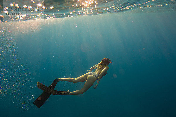 Frau mit Flossen schwimmt unter Wasser  Oahu  Hawaii  USA