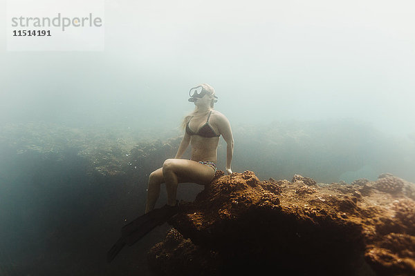 Unterwasserfrau mit Schnorchel auf Fels sitzend  Oahu  Hawaii  USA