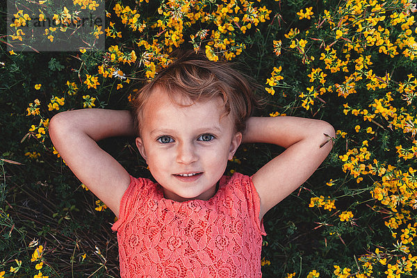Porträt eines auf dem Rücken liegenden Mädchens inmitten gelber Wildblumen