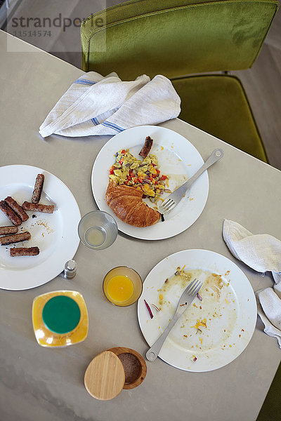 Blick über den Tisch mit leerem Teller und Frühstücksresten