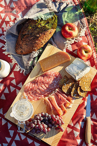 Draufsicht auf frisches Picknick-Essen mit Käse  Salami und Trauben