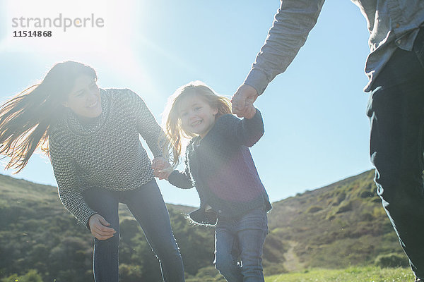 Sonnenlicht-Porträt eines Paares mittlerer Erwachsener und einer Tochter  die sich im Feld an den Händen halten