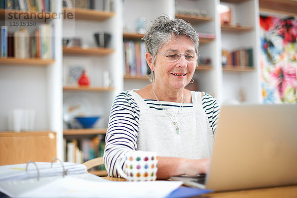Ältere Frau zu Hause  die einen Laptop benutzt
