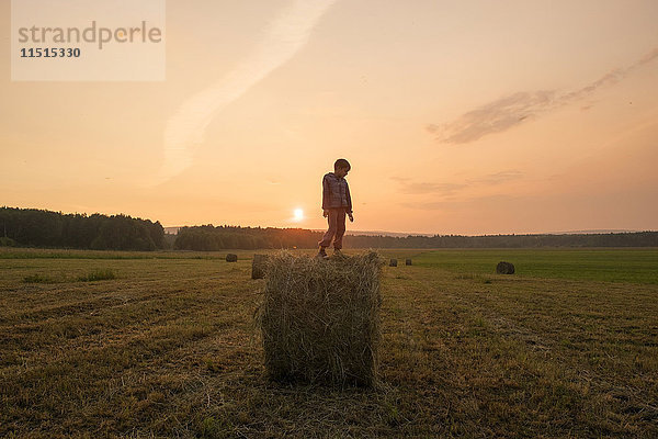 Marienjunge steht auf einem Heuballen auf einem Feld  Ural  Russland