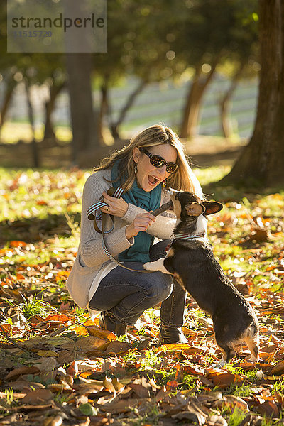 Kaukasische Frau spielt mit Hund im Park
