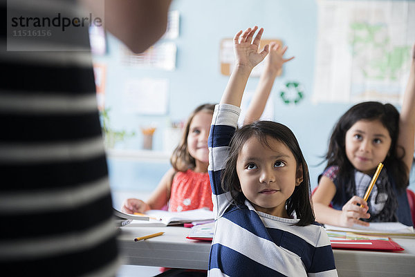 Mädchen heben die Hand für den Lehrer im Klassenzimmer