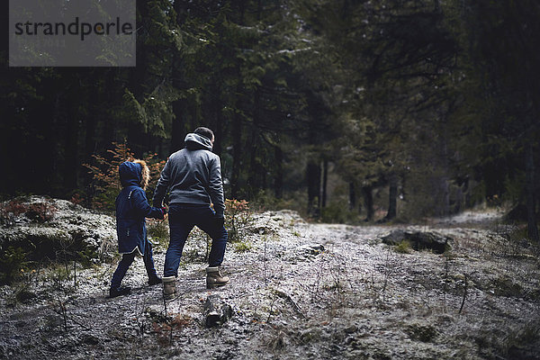 Kaukasischer Vater und Tochter gehen im Wald spazieren