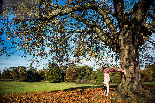 Frau macht am Herbsttag Yoga im Park