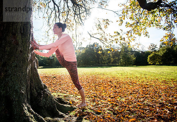 Frau macht am Herbsttag Yoga im Park