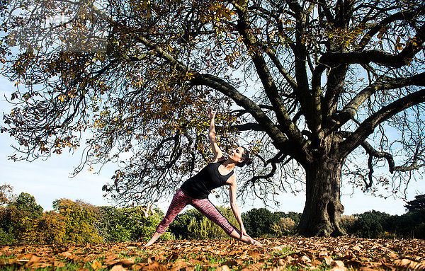 Frau macht am Herbsttag Yoga im Park