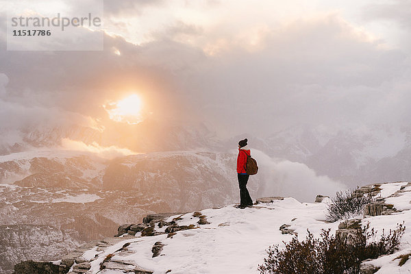 Wanderin mit Aussicht  Gebiet der Drei Zinnen  Südtirol  Dolomiten  Italien