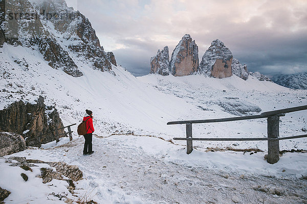 Wanderin mit Aussicht  Gebiet der Drei Zinnen  Südtirol  Dolomiten  Italien