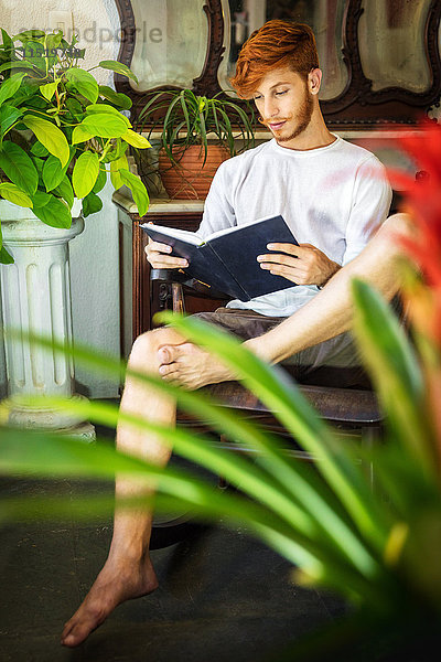 Junger Mann mit roten Haaren  der auf einem Stuhl sitzt und ein Buch liest