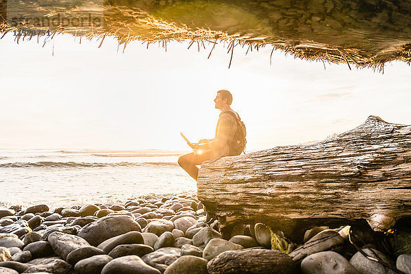 Mann sitzt mit Laptop und schaut vom Strand im Juan de Fuca Provincial Park  Vancouver Island  British Columbia  Kanada