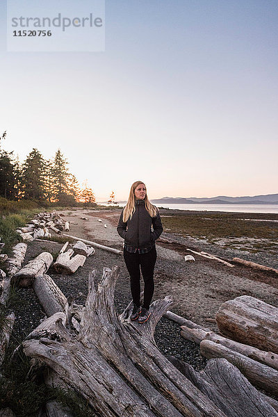 Frau  die vom Treibholzstamm im Rathrevor Beach Provincial Park auf Vancouver Island  British Columbia  Kanada  blickt