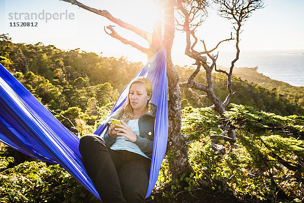 Wanderin betrachtet Smartphone in Hängematte  Pacific Rim National Park  Vancouver Island  British Columbia  Kanada