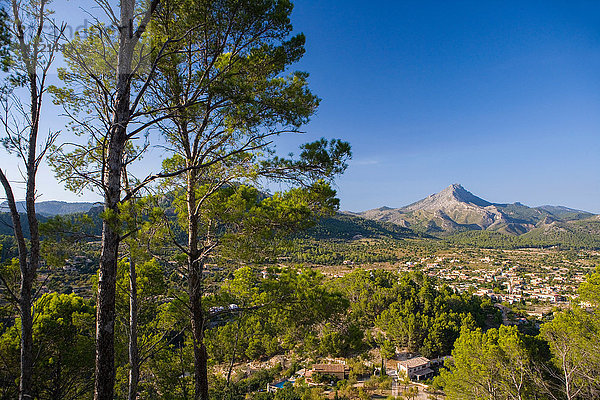 Landschaftsansicht mit fernen Bergen  Es Capdella  Mallorca  Spanien