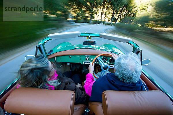 Rückansicht eines älteren Paares  das auf einer Landstraße mit einem Oldtimer-Cabriolet raste  Mallorca  Spanien