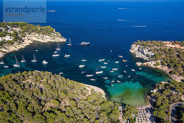 Hochwinkelansicht von in der Küstenbucht vor Anker liegenden Yachten  Mallorca  Spanien