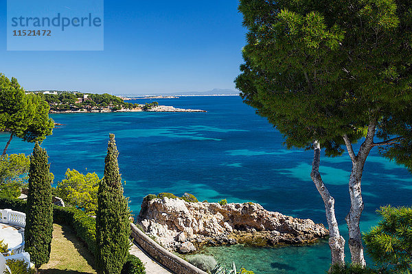 Erhöhte Ansicht der Küstenlinie und des blauen Meeres  Calvia  Mallorca  Spanien
