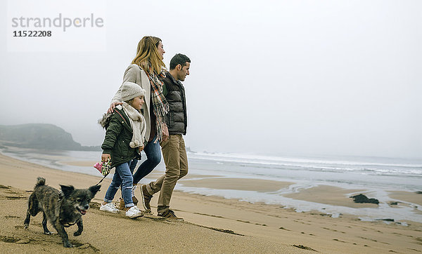 Familienwanderung mit Hund am Strand an einem nebligen Wintertag
