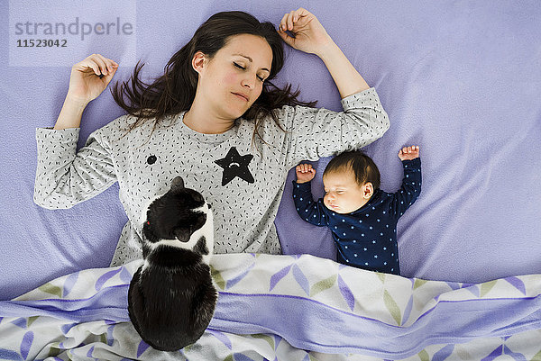 Neugeborenes Mädchen und Mutter schlafen im Bett mit Katzenbeobachtung
