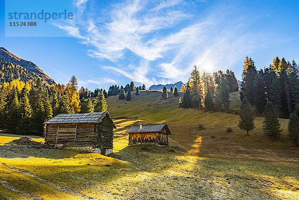 Italien  Südtirol  Funes-Tal  Holzställe im Wald im Herbst