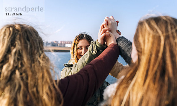 Vier glückliche Freunde heben ihre Hände zusammen.