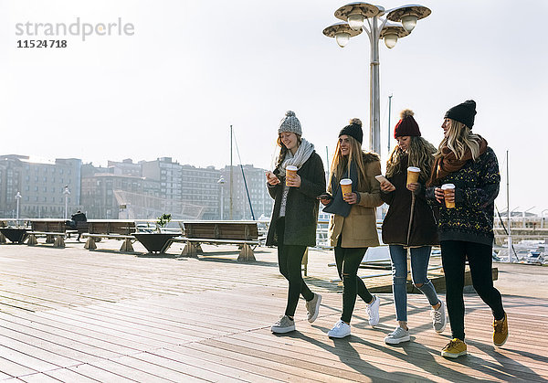 Vier Freunde mit Kaffee zum Mitnehmen und Handys  die im Winter auf der Promenade spazieren gehen.