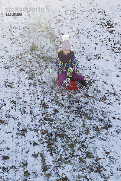 Lächelndes Mädchen mit Schlitten im Schnee