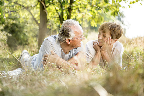 Glückliches Senior-Paar auf der Wiese liegend