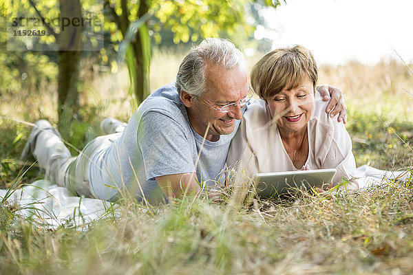 Glückliches Seniorenpaar mit auf der Wiese liegender Tablette
