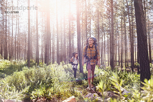 Junges Paar mit Rucksäcken beim Wandern in sonnigen Wäldern