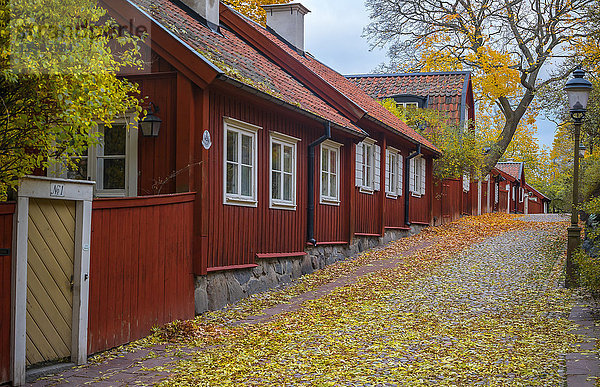 Hölzerne Gebäude im Herbst