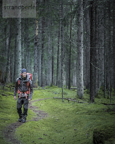 Mann wandert durch den Wald