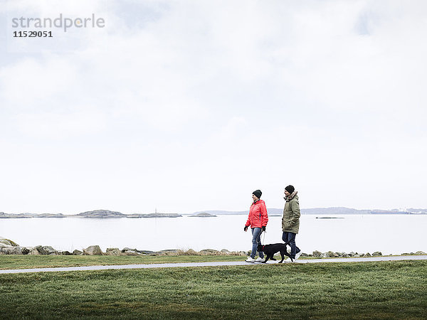 Ehepaar mit Hund beim Spaziergang am Meer