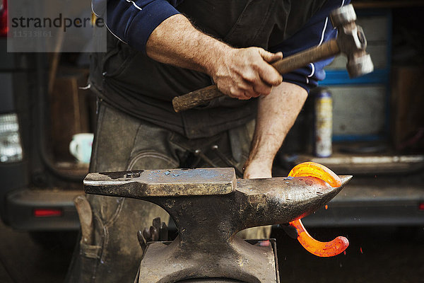 Ein Hufschmied hält und formt mit Zange und Hammer ein rot glühendes  erhitztes Metallhufeisen  das angepasst werden soll.