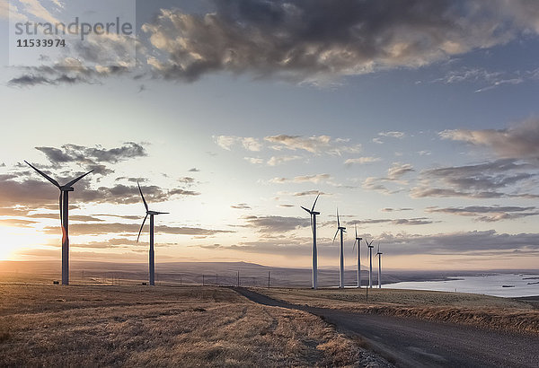 Eine Gruppe von Windturbinen  die im Morgengrauen neben einer Straße in einer Moorlandschaft an der Küste stehen.