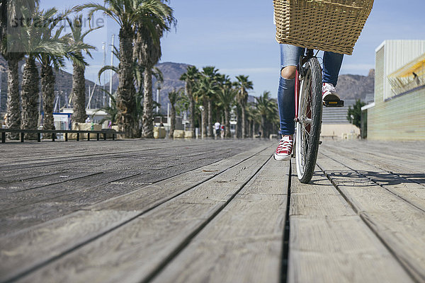 Junge Frau auf dem Fahrrad mit Korb  niedrige Sektion