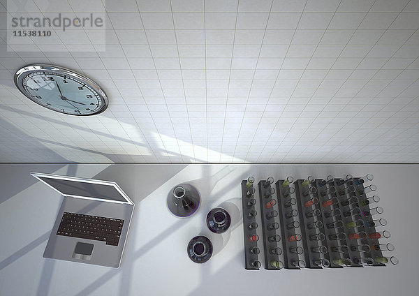 Chemielabor mit Reagenzgläsern  Laptop und Uhr  3D-Darstellung