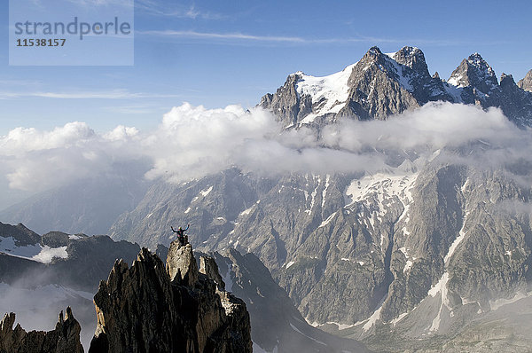 Frankreich  Ecrins Massif  Aiguille Noire de Peuterey und Mont Pelvoux  jubelnder Gipfelstürmer