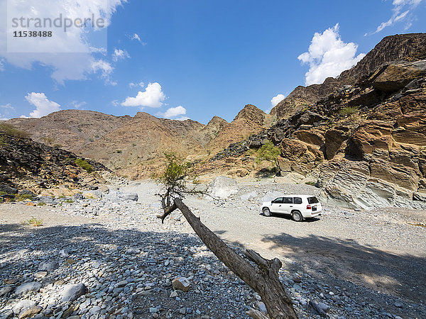 Oman  Al Hajar Gebirge  Wadi  Jeep  trockener Flusslauf