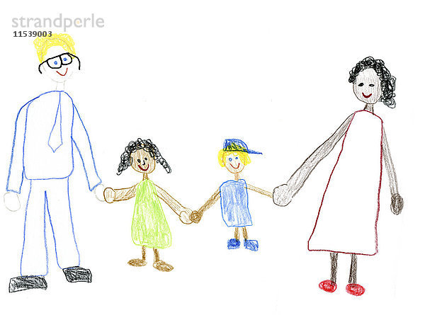 Kinderzeichnung einer glücklichen Mischlingsfamilie