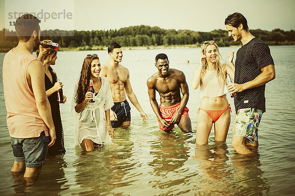 Deutschland  Haltern  Gruppe von sieben Freunden  die im Wasser des Silbersees stehen und sich gemeinsam amüsieren.