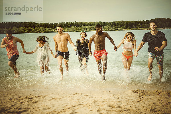 Deutschland  Haltern  sieben Freunde  die Hand in Hand aus dem Silbersee rennen und Spaß haben