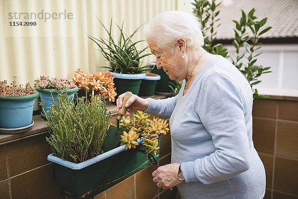 Seniorin im Garten auf dem Balkon